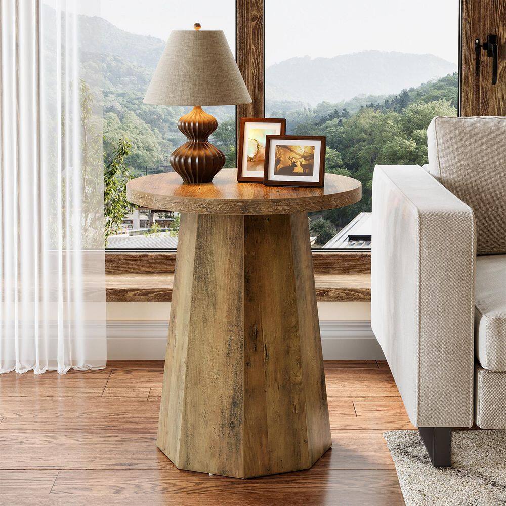 Kerlin 19.69 in. Brown Round Wood End Table, Couch Side Table with Octagonal Base for Living Room, Bedroom