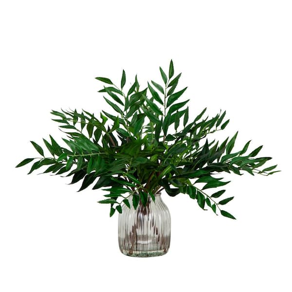 Nearly Natural 19 in. Palmate Fern Arrangement in Glass Vase