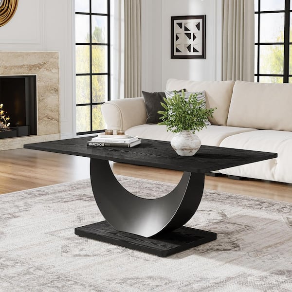 BYBLIGHT Allan 47.2 in. Black Rectangle Wood Coffee Table with Crescent Moon Metal Base, Coffee Table Tea Table for Living Room