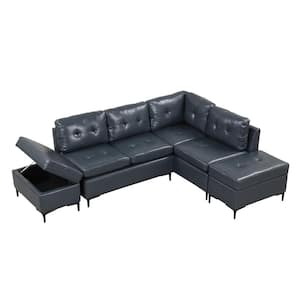 94.88 in. L Shaped Pu Leather Sectional Sofa in Blue with Movable Storage Ottomans