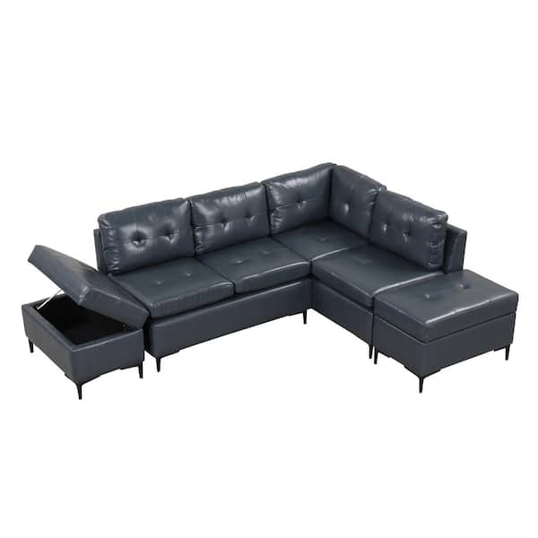 Nestfair 94.88 in. L Shaped Pu Leather Sectional Sofa in Blue with Movable Storage Ottomans