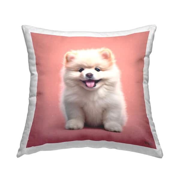 Stupell Industries Fluffy White Puppy Pink Print Polyester 18 in. x 18 in. Throw Pillow