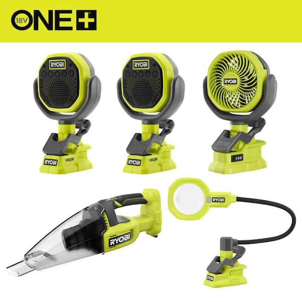 ONE+ 18V Cordless 5-Tool Combo Kit with (2) Speakers, Fan, LED Light, and Hand Vac (Tools Only)