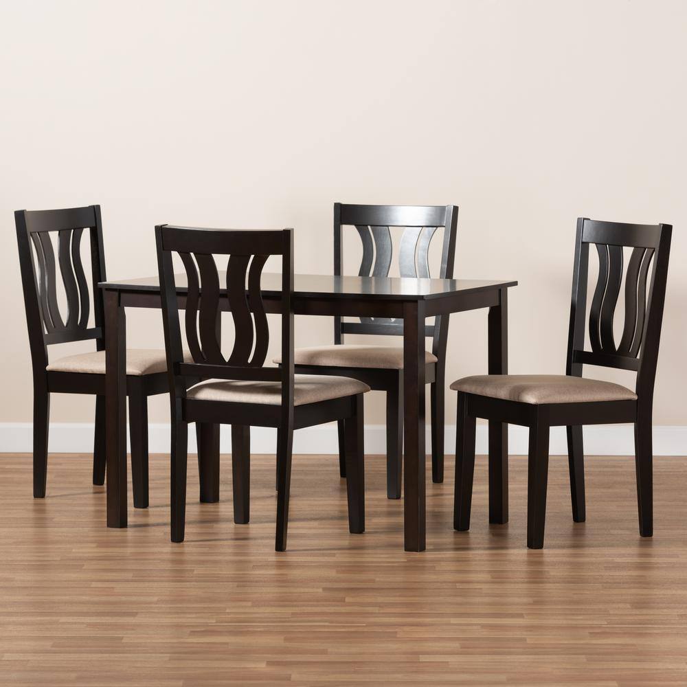 Fenton Dark Brown Wood and Sand Fabric 5-Piece Dining Set