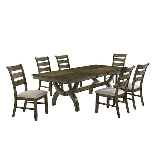 Halo 7-Piece Antique Brown Wood Dining Set With 6-Beige Ladderback Chairs
