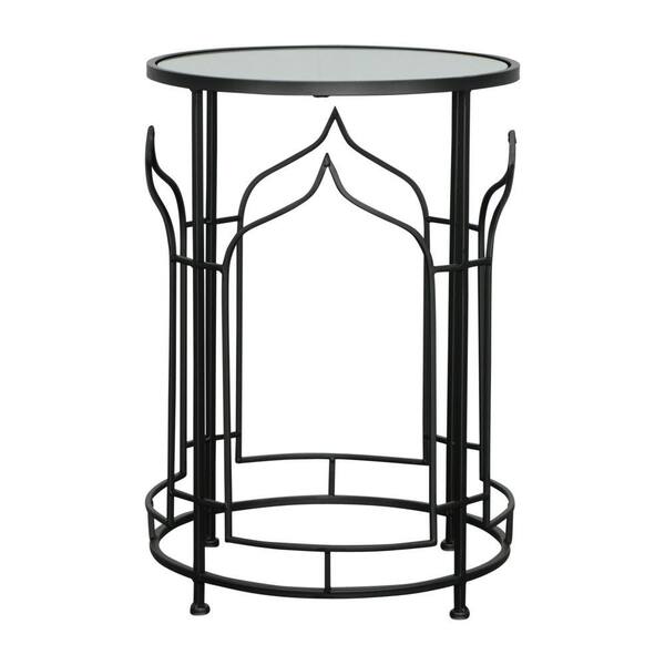 Benjara 16 in. Black Round Glass End Table with Geomteric Design (Set