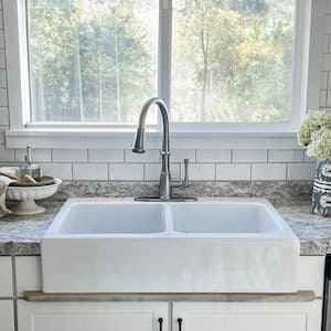 Josephine 34 in. 3-Hole Quick-Fit Farmhouse Apron Front Drop-in Double Bowl Crisp White Fireclay Kitchen Sink