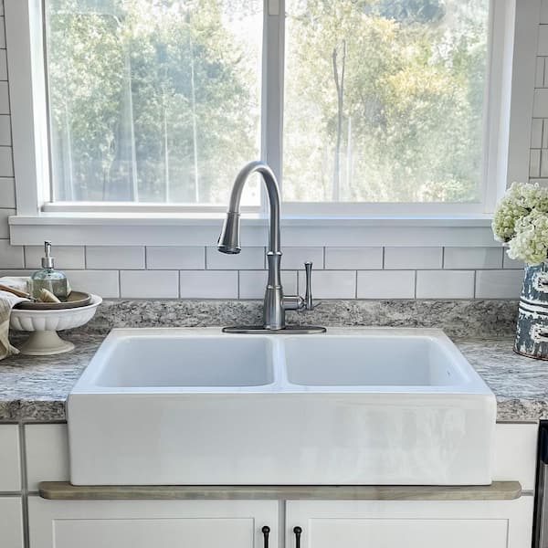 SINKOLOGY Josephine 34 in. 3-Hole Quick-Fit Farmhouse Apron Front Drop-in Double Bowl Crisp White Fireclay Kitchen Sink