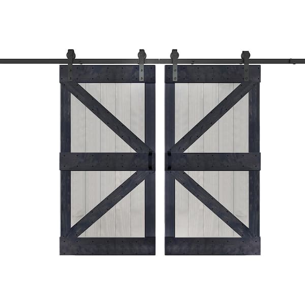 ISLIFE K Series 84 in. x 84 in. French Gray/Carbon Gray Finished Solid Wood Double Sliding Barn Door with Hardware Kit