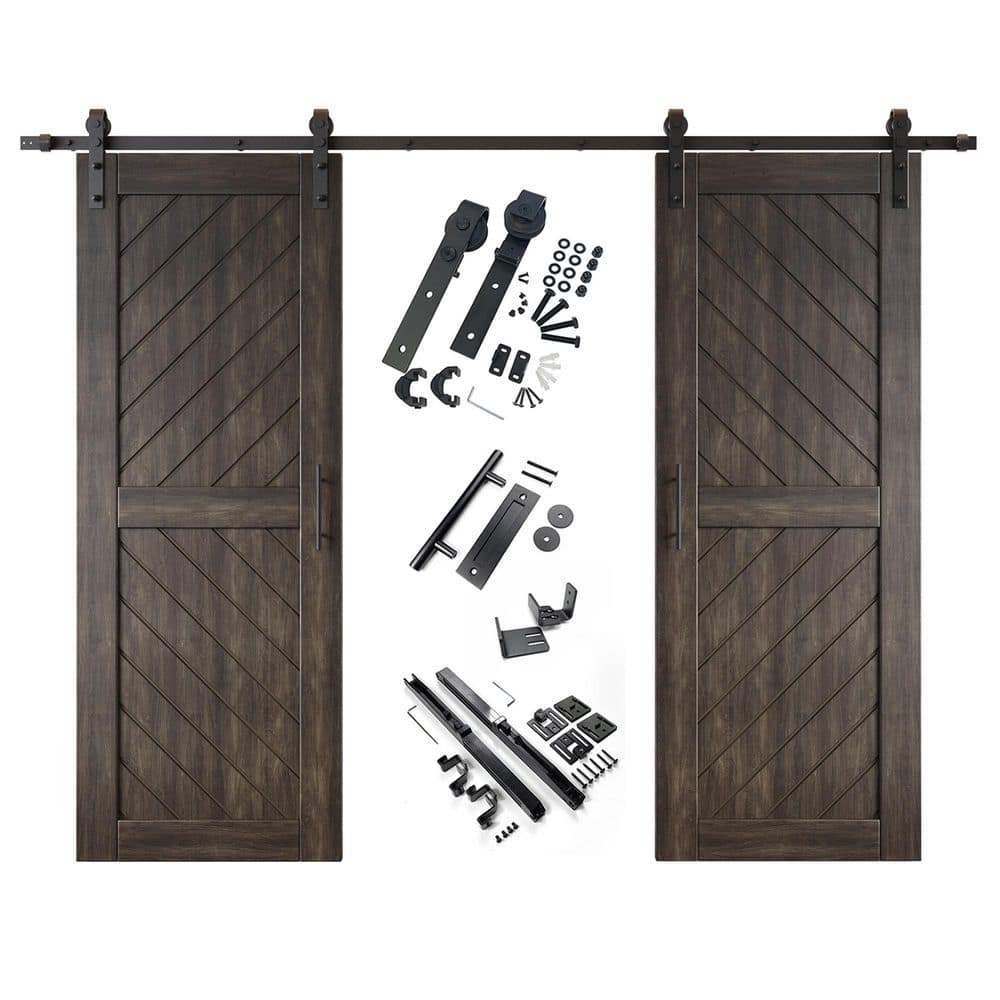 XT3 26 in. x 80 in. C-Panel Ebony Slanted Stripe Design Double Pine Wood Sliding Barn Door with Hardware Kit price history on PriceWatchPro