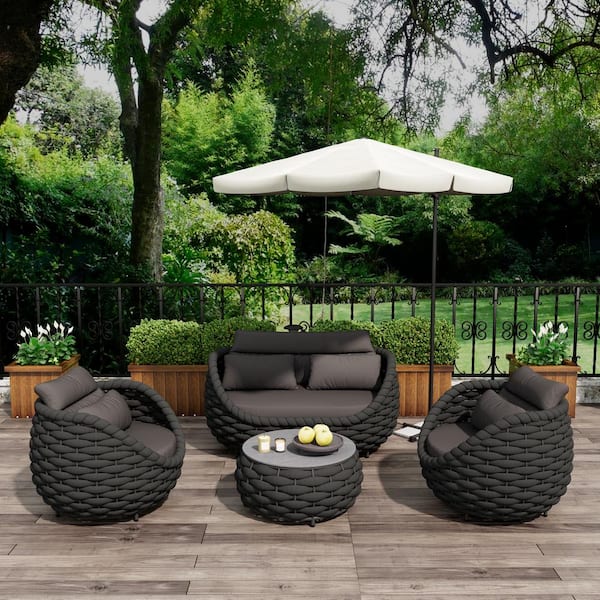 TWT Bird's Nest 4-Piece Black Aluminum Hand-Woven Patio