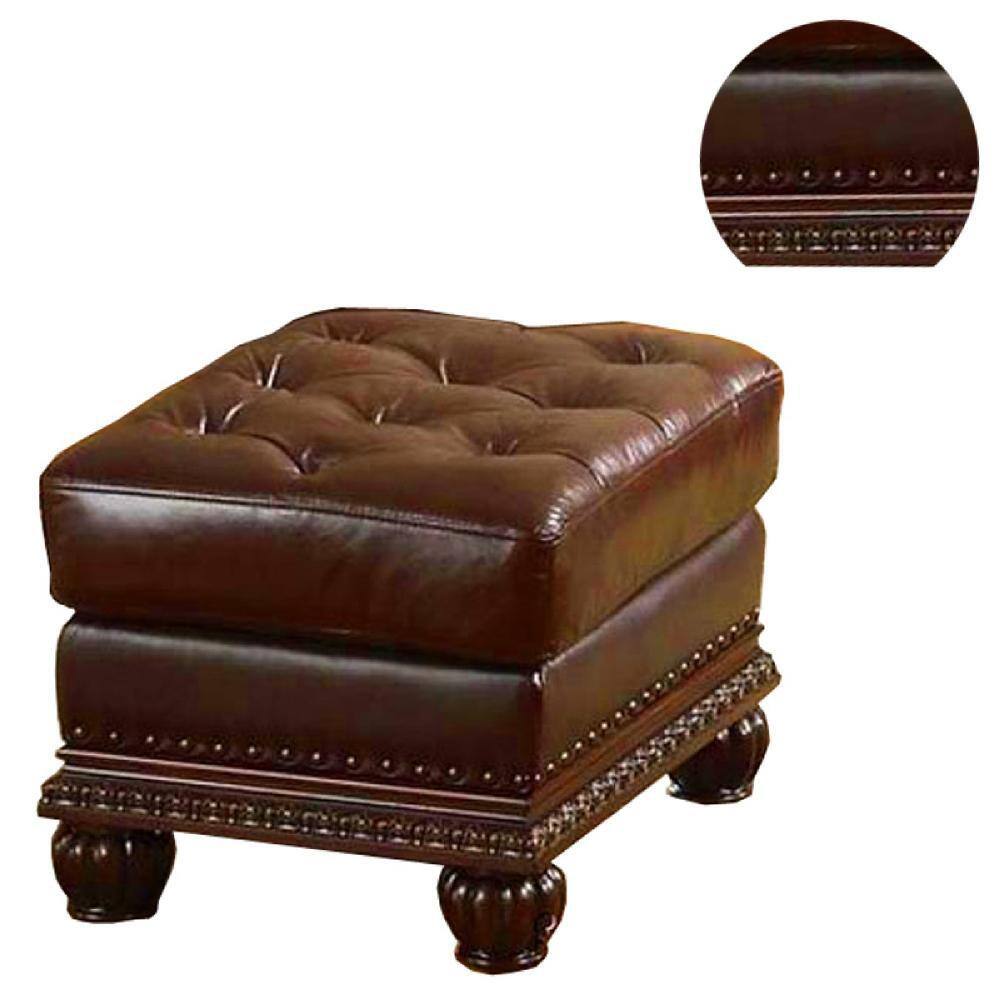 Espresso Brown Faux Leather Tufted Ottoman with Nail Head Trim