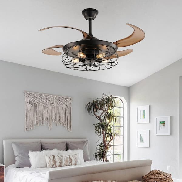 48 in. 5-Light Vintage Indoor Matte Black Retractable Caged Ceiling fan with Light, Remote, 6-Speeds, Silent