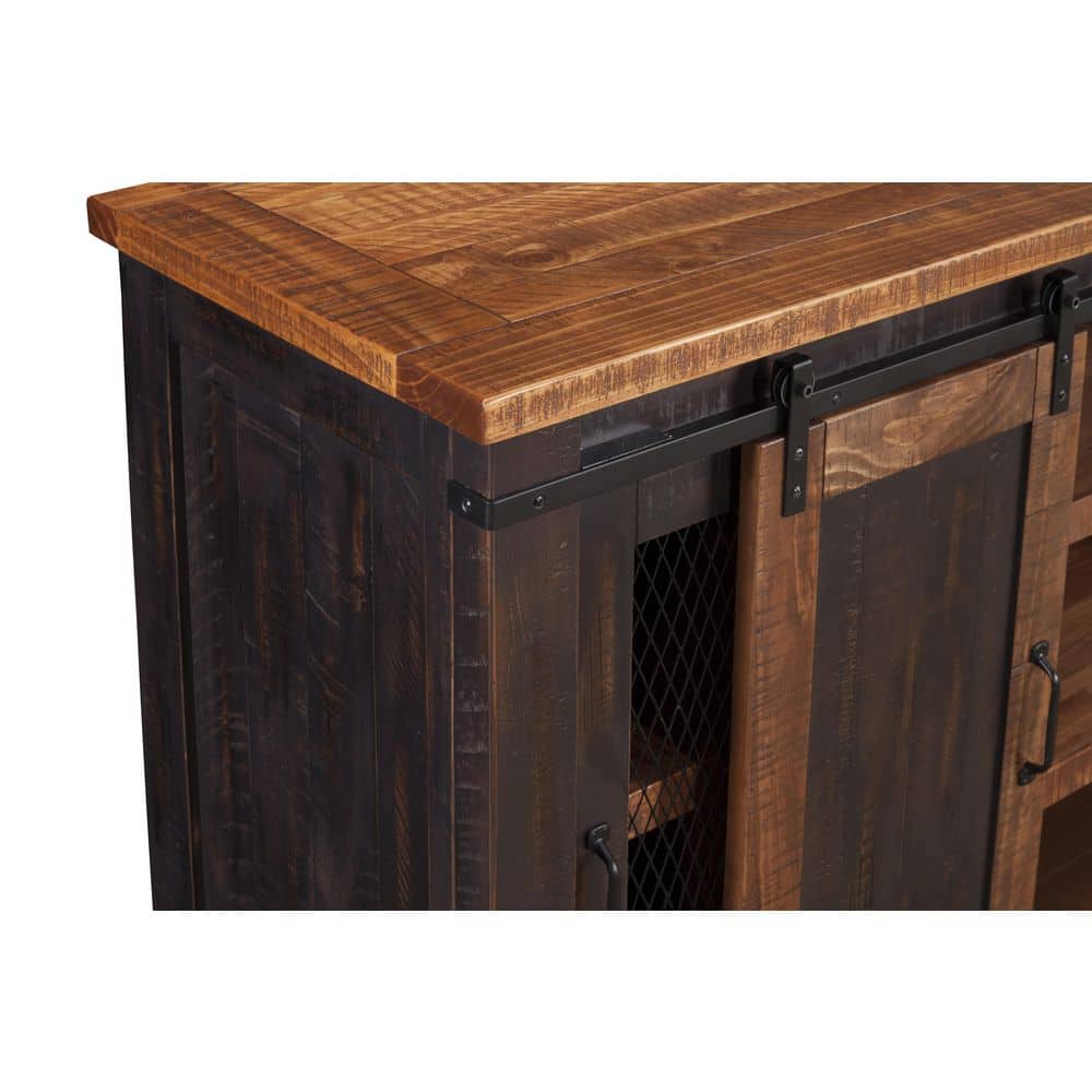 Rustic Antique Black and Distressed Pine 65" TV Stand with Sliding Barn Doors