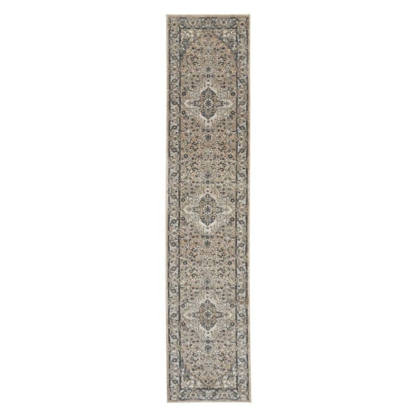 2 X 12 Gray, Ivory Medallion Washable Runner Rug