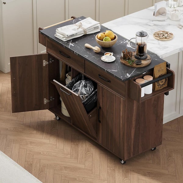 ANTFURN Walnut Brown Kitchen Cart with Drawers;Drop Leaf;Locking Casters;Shelf;Spice Rack;Wheels