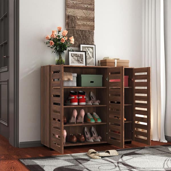38.66 in. x 44.9 in. Walnut Shoe Storage Cabinet with 5 Adjustable Shelves and Louvered Doors for Entryway