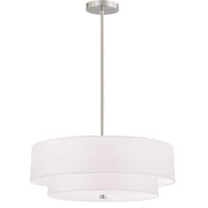 Everly 4 Light Satin Chrome Shaded Pendant Light with White Fabric Shade