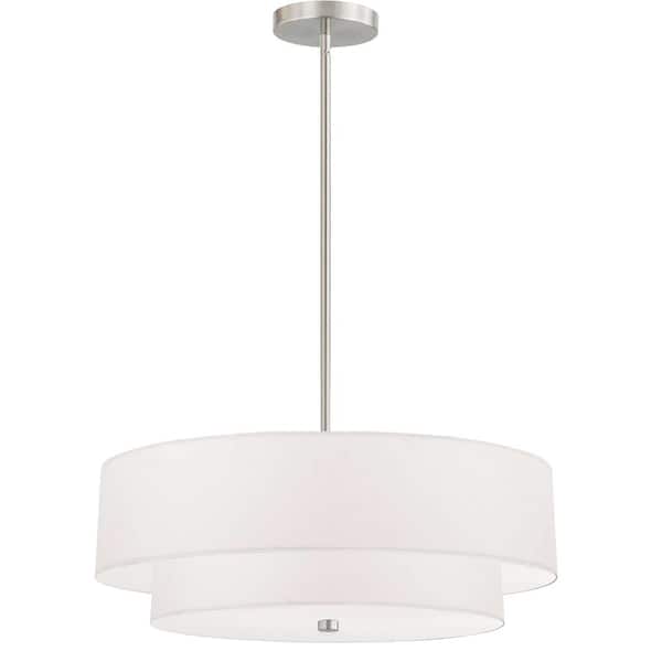 Dainolite Everly 4 Light Satin Chrome Shaded Pendant Light with White Fabric Shade