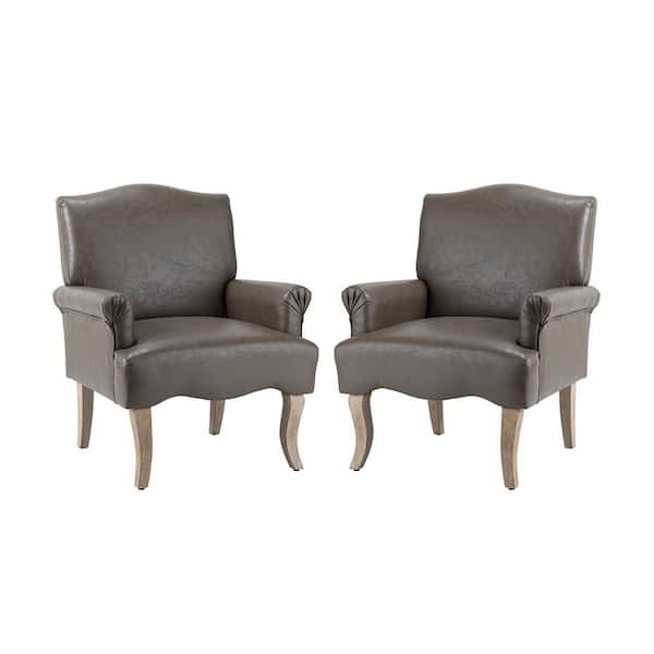 JAYDEN CREATION Benedict 30 in. Gray Faux Leather Arm Chair with Solid Wooden Legs (Set of 2)
