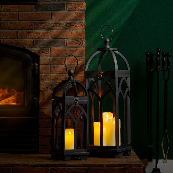アンティーク　ランプ　２ケ Glitzhome Black Farmhouse Church Window Wood/Metal Lanterns