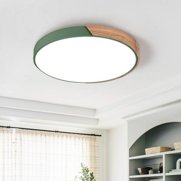 HUOKU Lumin 19.7 in. 1Light Wood and Green Finish Dimmable LED Flush