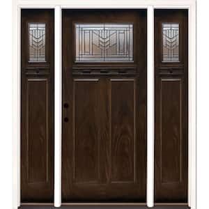 63.5 in.x81.625in.Phoenix Patina Craftsman Stained Chestnut Mahogany Right-Hd Fiberglass Prehung Front Door w/Sidelites