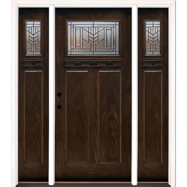 Feather River Doors 63.5 in.x81.625in.Phoenix Patina Craftsman Stained Chestnut Mahogany Right-Hd Fiberglass Prehung Front Door w/Sidelites