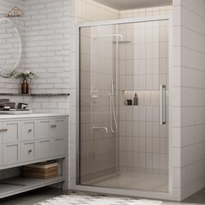 48 in. W x 76 in. H Sliding Framed Soft-closing Shower Door in Brushed Nickel Finish with Tempered Clear Glass