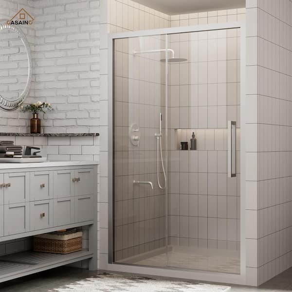 CASAINC 48 in. W x 76 in. H Sliding Framed Soft-closing Shower Door in Brushed Nickel Finish with Tempered Clear Glass