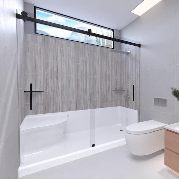 Driftwood-Tetherow 60 in. x 32 in. x 83 in. Base/Wall/Door Seated Base Alcove Shower Stall/Kit Matte Black Right