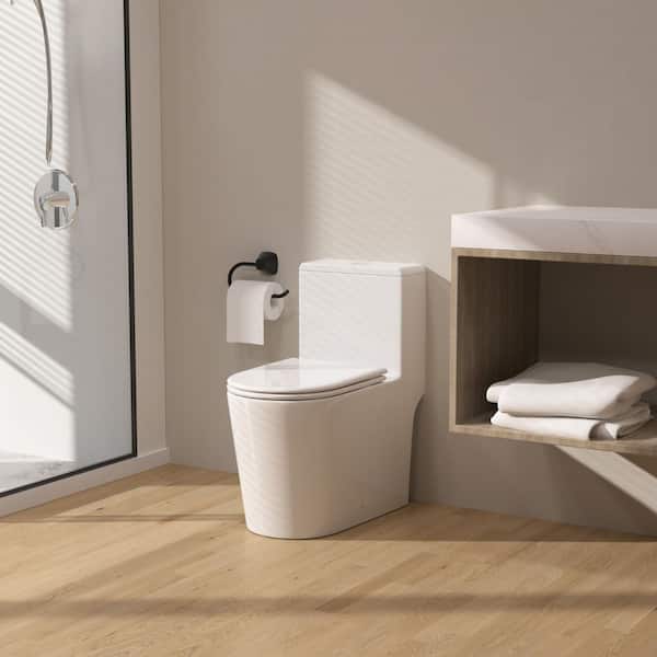 Minimalist 1-Piece 1.6 GPF Dual Flush Elongated Standard Toilet in Gloss White, Seat Included