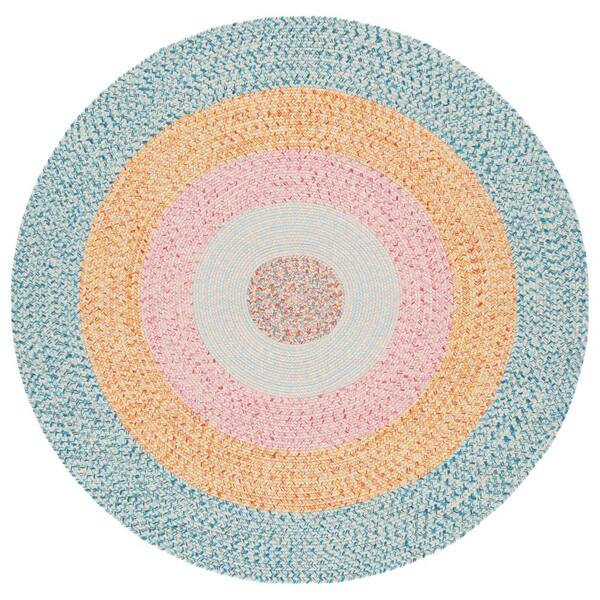 Braided Aqua/Pink 3 ft. x 3 ft. Machine Washable Solid Striped Border Round Area Rug