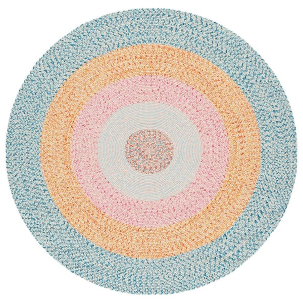 Braided Aqua/Pink 5 ft. x 5 ft. Machine Washable Solid Striped Border Round Area Rug