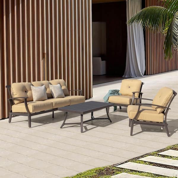 4-Piece Aluminum Patio Conversation Set with Yellow Cushion