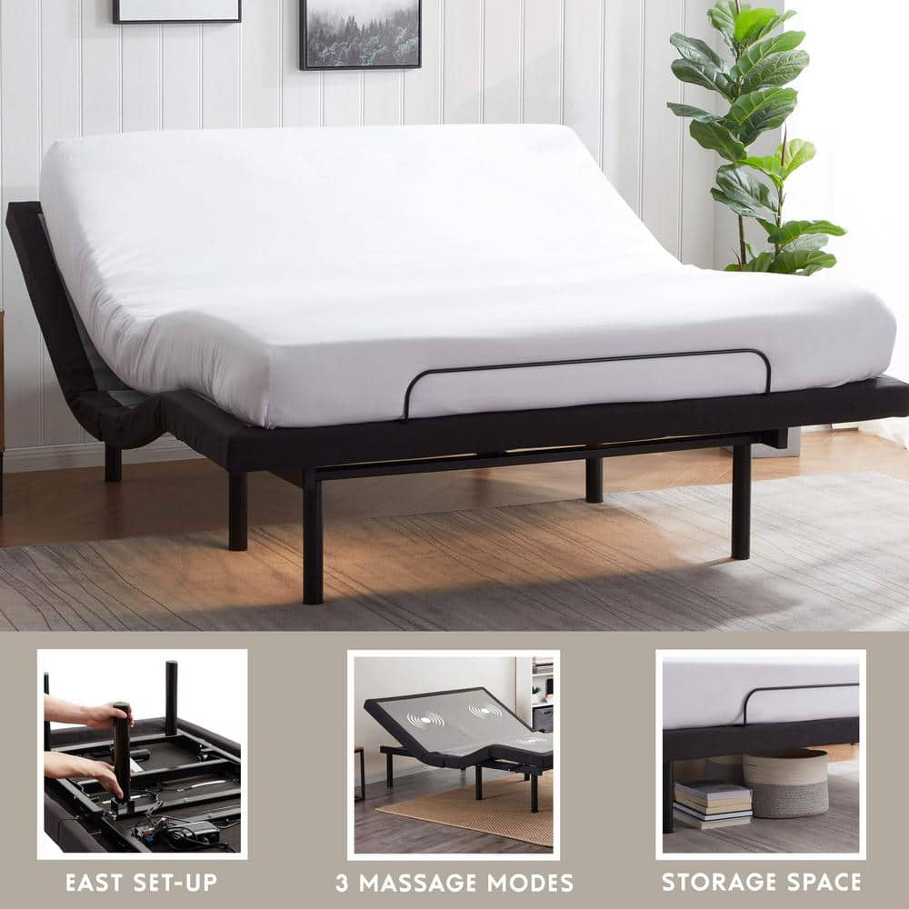 King Adjustable Black Metal Upholstered Bed Frame with Wireless Remote