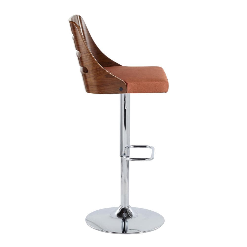 Adjustable Orange Upholstered Swivel Barstool with Wood Backrest