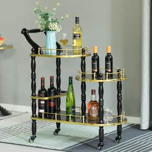 Wood Serving Bar in Gold and Brown with 3-Tier Shelves and Rolling Wheels Cart Tea Trolley