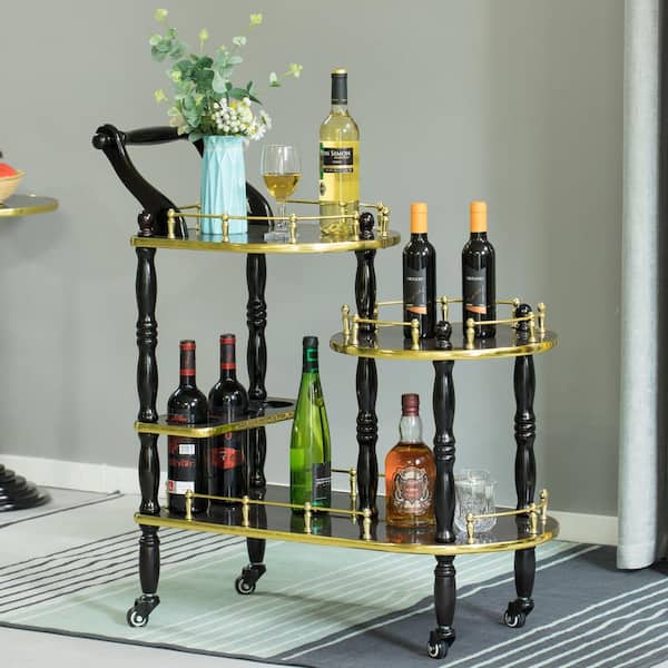 FABULAXE Wood Serving Bar in Gold and Brown with 3-Tier Shelves and Rolling Wheels Cart Tea Trolley