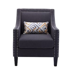 Black Linen Fabric Upholstered Accent Arm Chair with Nailheads and Solid Wooden Legs