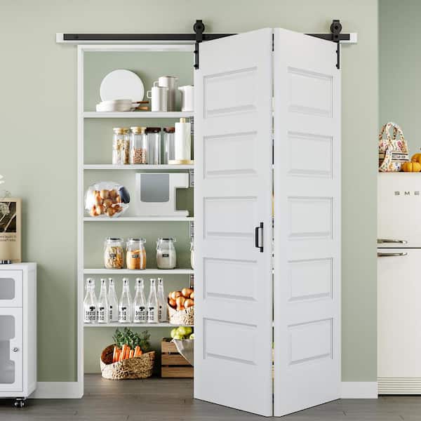 64 in. x 84 in. Paneled 5-Lite White Primed MDF Composite Bi-fold Sliding Barn Door with Hardware Kit and Handle