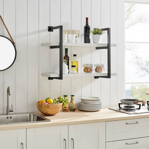 Danya B. Modern 2-Tier Hanging Bracket Wall Shelves in Black Metal and White Birch Finish