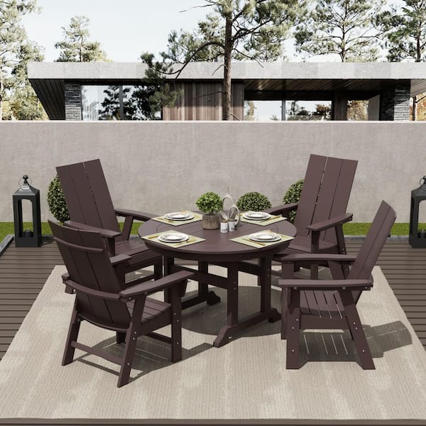 Shoreside Outdoor Patio Weather Resistant Adirondack Dark Brown 5-Piece HDPE Plastic Round Table Dining Set