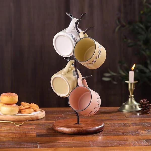 Anqtovp 4-Hook Black Coffee Mug Tree Organizer Leaf Shaped Cup Holder Stand for Countertop Space Saving Kitchen Decor