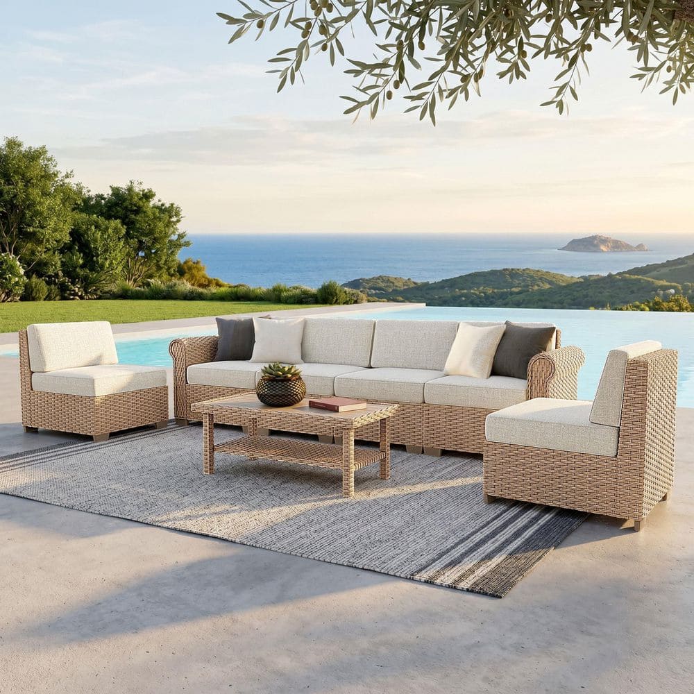 PHI VILLA 7-Piece Wicker Outdoor Sectional Set with a Coffee Table