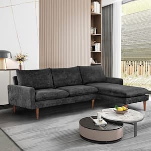 86 in. Square Arm 3-Seat L-Shape Velvet Sectional Sofa in Black Convertible Sofa with Cashmere Cushion