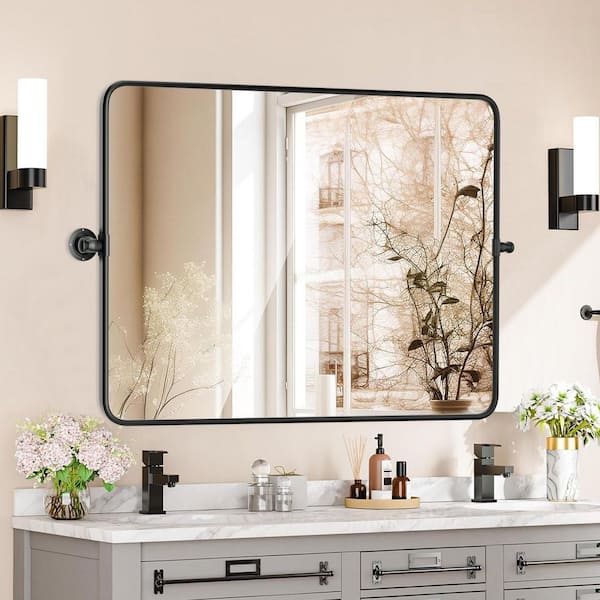 30 in. W x 40.2 in. H Modern Rectangular Black Metal Frame Pivot Wall Mirror/Bathroom Mirror (Screws Included)