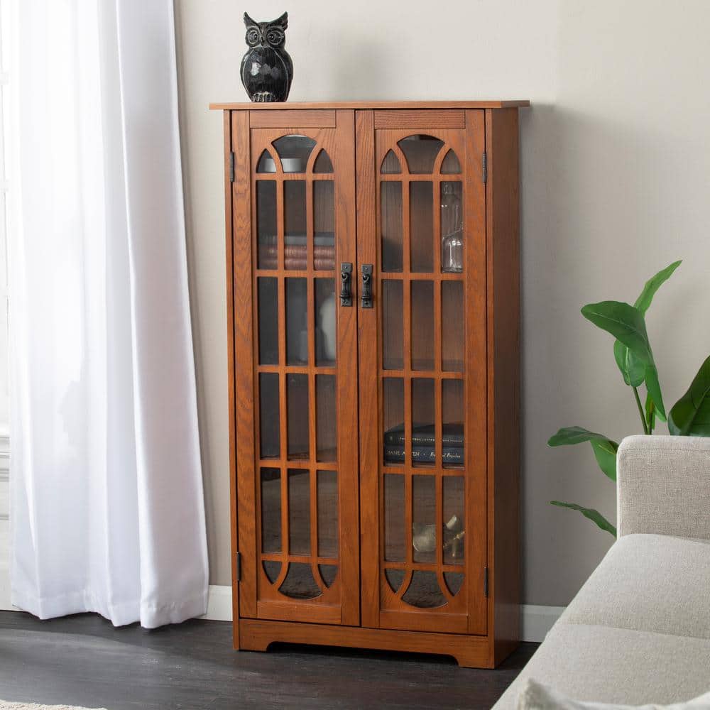 Traditional Oak Media Cabinet with Tempered Glass Doors