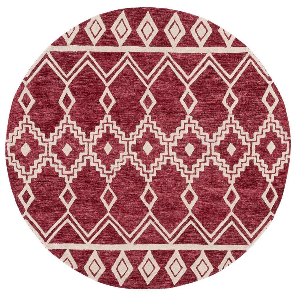 Handmade Red and Ivory Wool Abstract Round Rug, 6' x 6'
