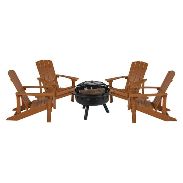 Carnegy Avenue Teak 5-Piece Faux Wood Resin Patio Fire Pit Set